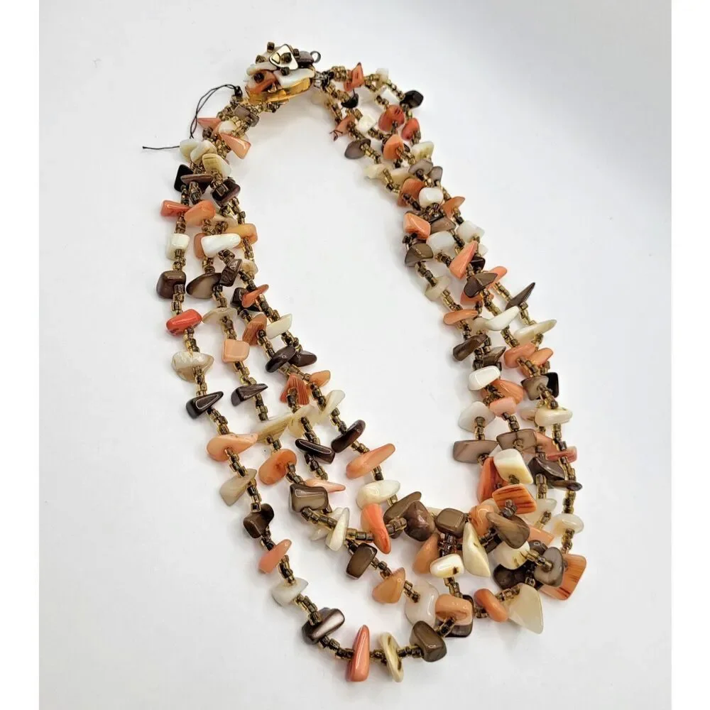 Chunky Bohemian Multistrand Brown Orange Shell Choker Necklace 15in